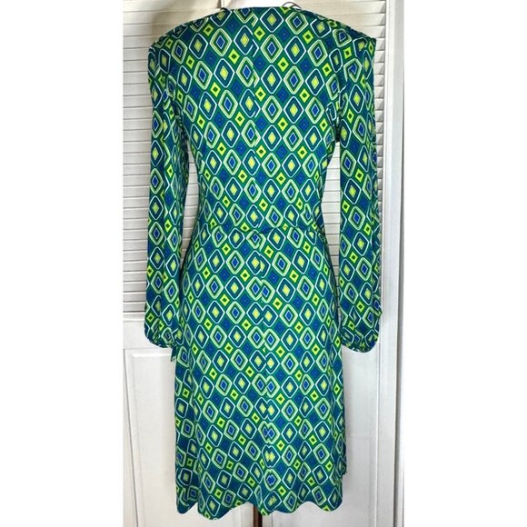 Ruched Geo Print Womens Stretch Babydoll Midi Dress Sz‎ S Split Sleeve 70s - Picture 2 of 12